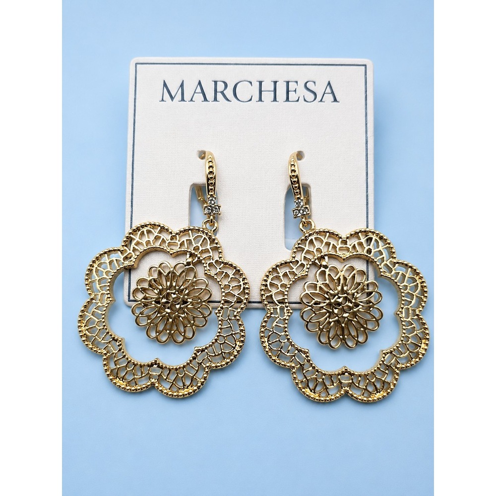 Marchesa Gold Tone Filigree Floral Drop Earrings Leverback Statement NWT -2787